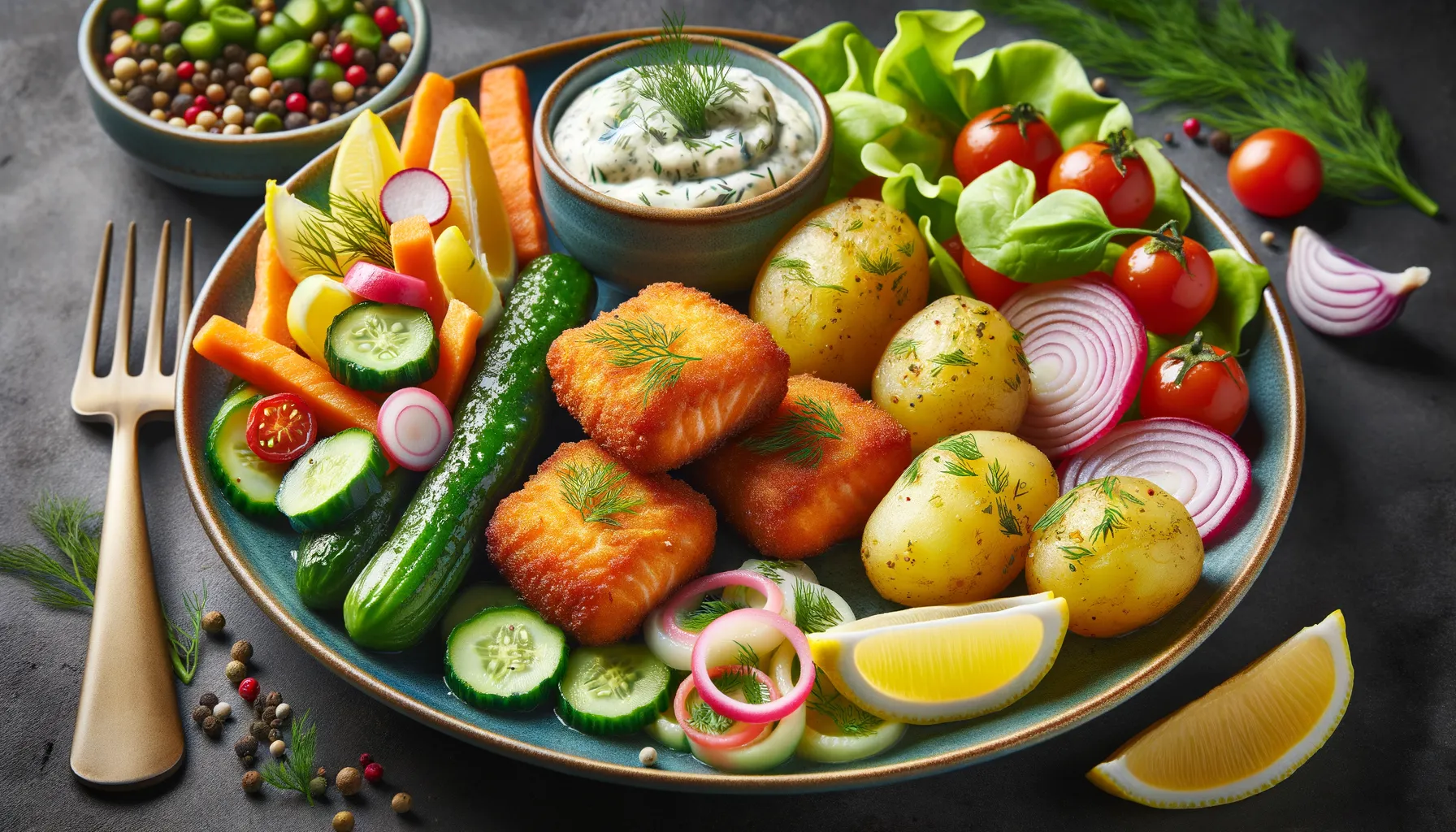 Bild på Laxfilénuggets,  dill- och citronsås, potatis, varm grönsak, råkost