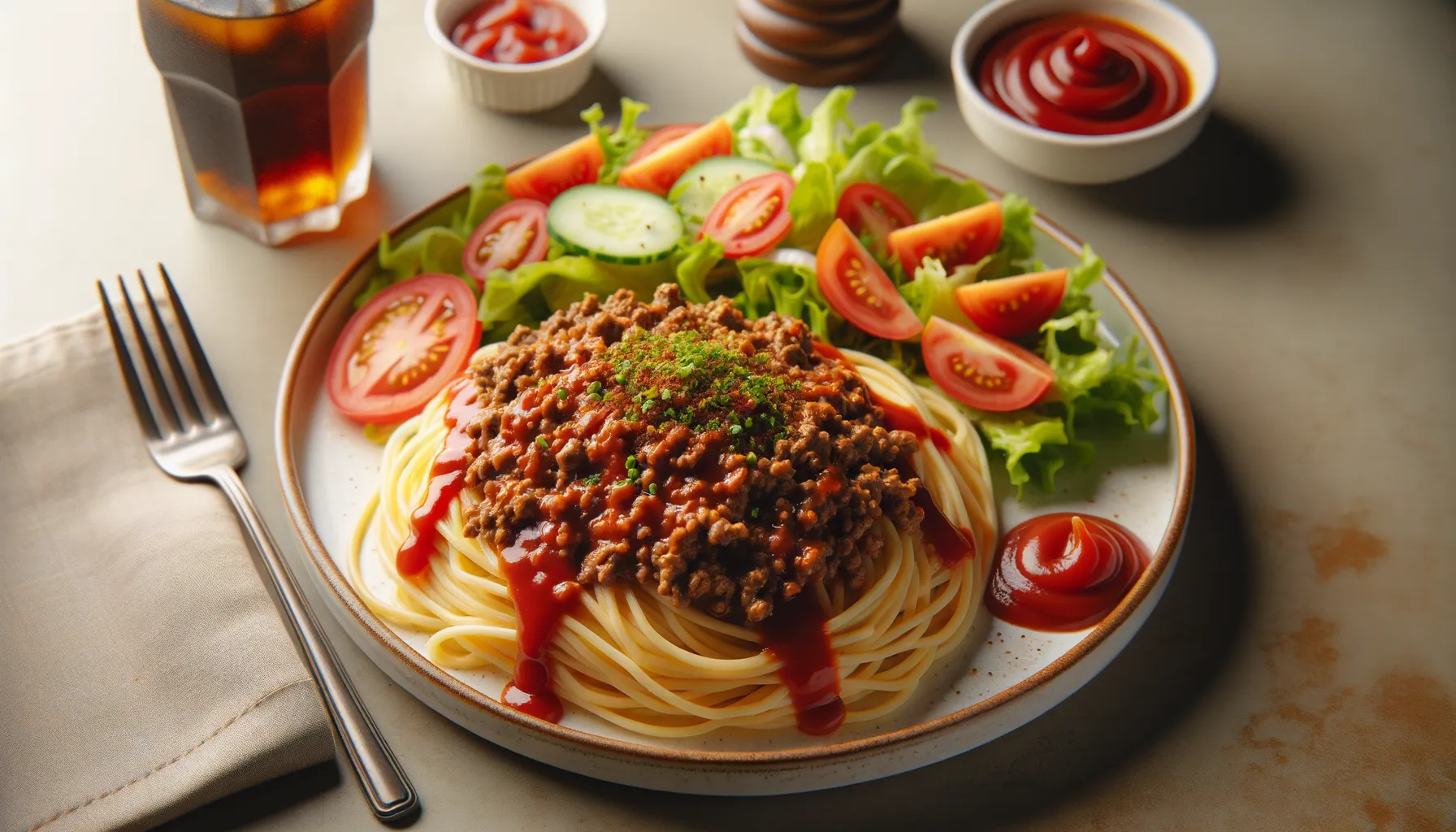 Bild på Köttfärssås, spaghetti, ketchup, råkost 