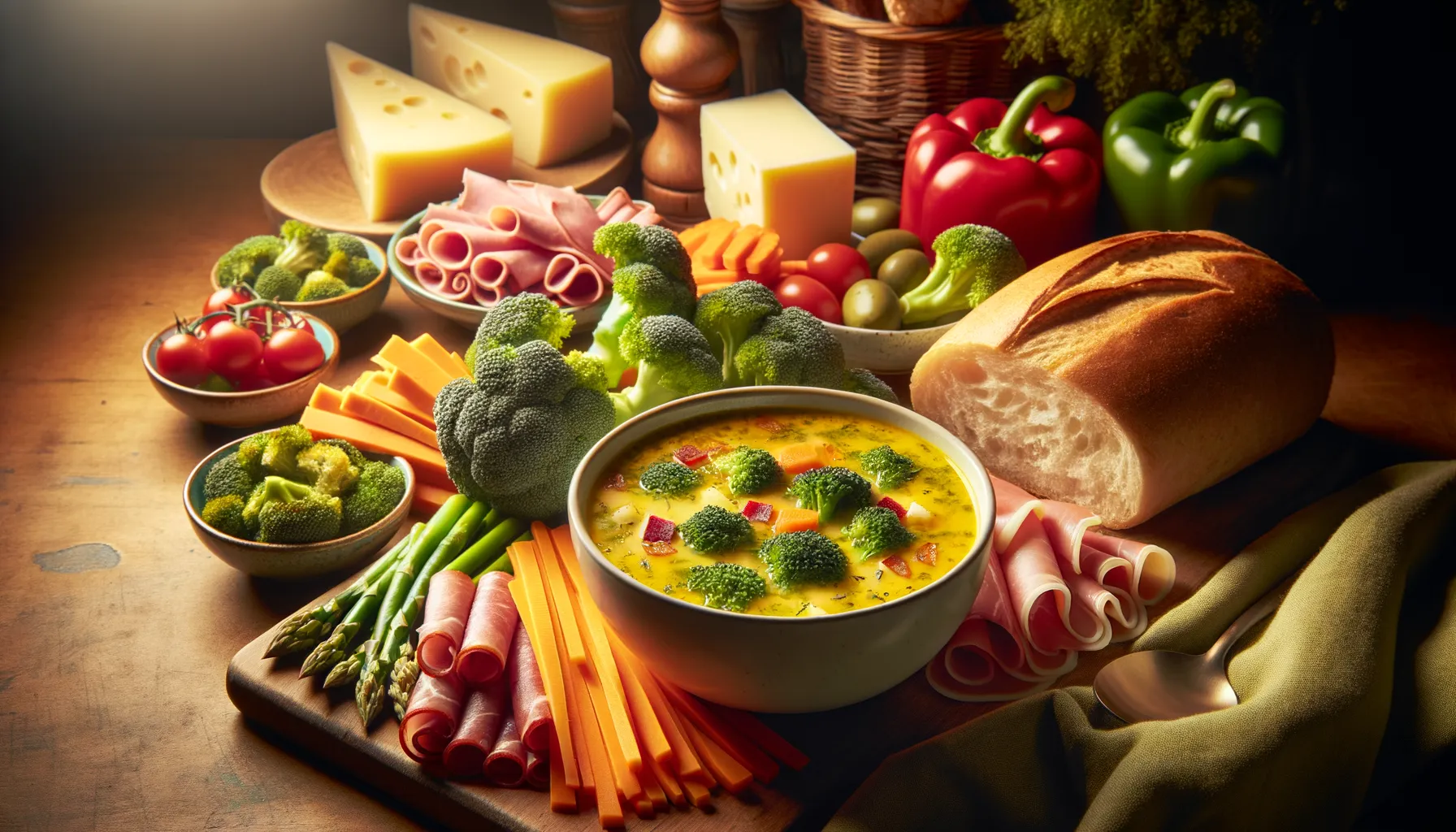 Bild på Ost- och broccolisoppa, råkost, mjukt bröd, pålägg
