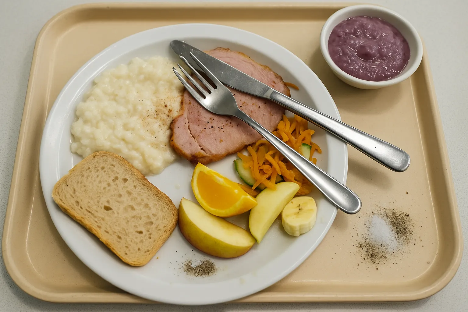 Bild på Risgrynsgröt, julskinka, mjukt bröd, frukt, råkost