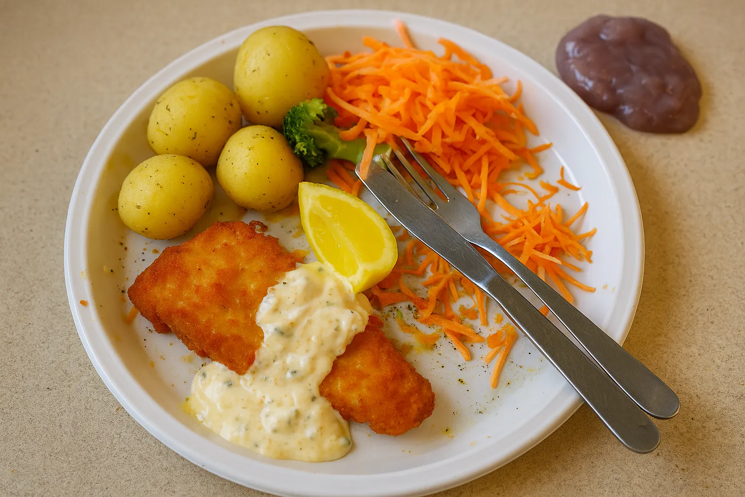 Bild på Sprödbakad fisk, skagensås, potatis, varm grönsak, citron, råkost