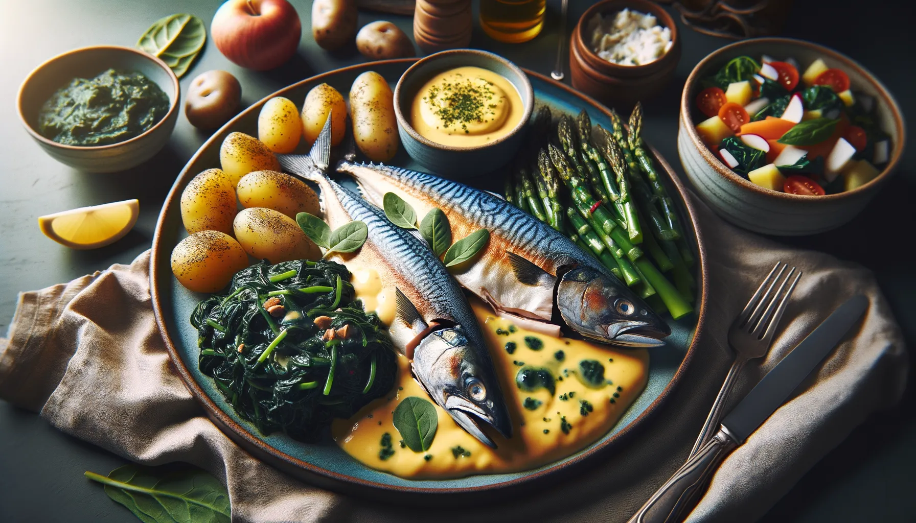 Bild på Fisk, hollandaisesås alternativt stekt makrill, stuvad spenat potatis, grönsak, råkost