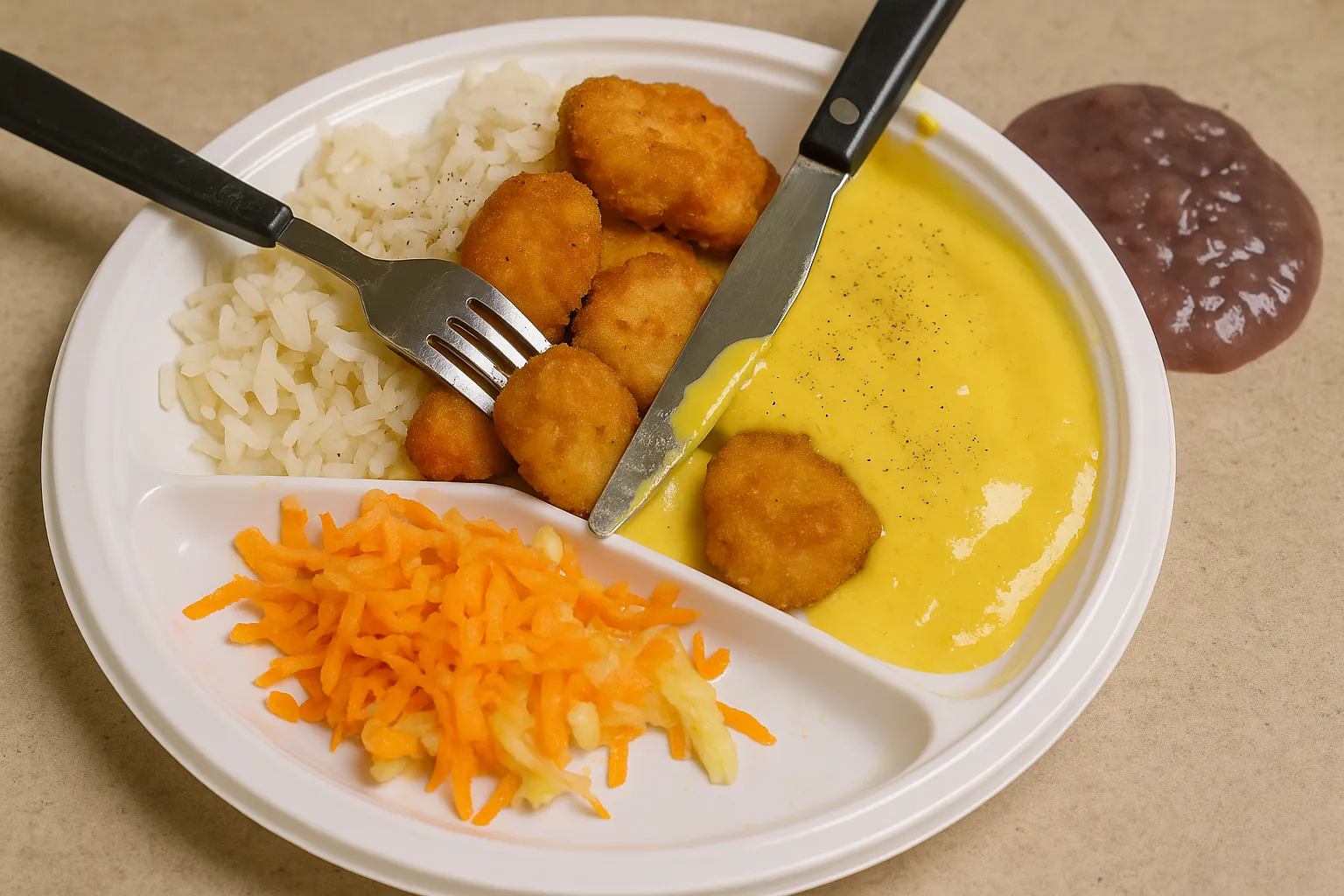 Bild på Chicken nuggets, kall currysås, ris, råkost