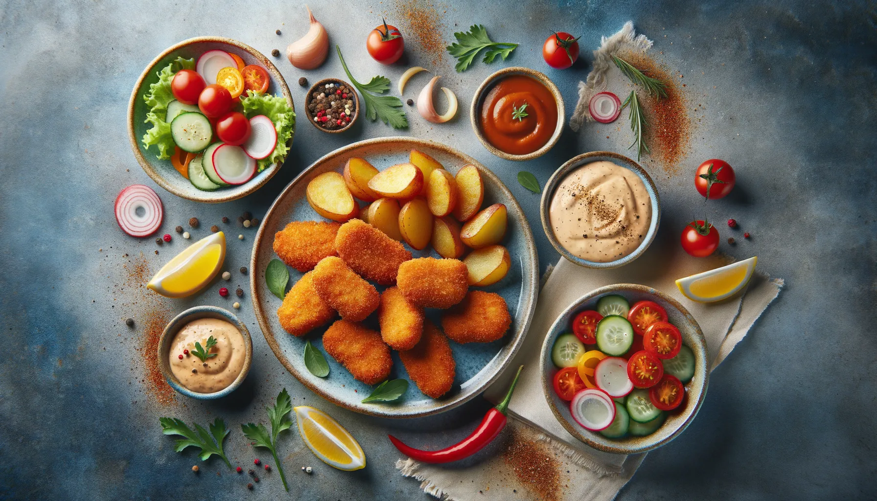 Bild på Laxfilénuggets, kall sås, potatis, råkost