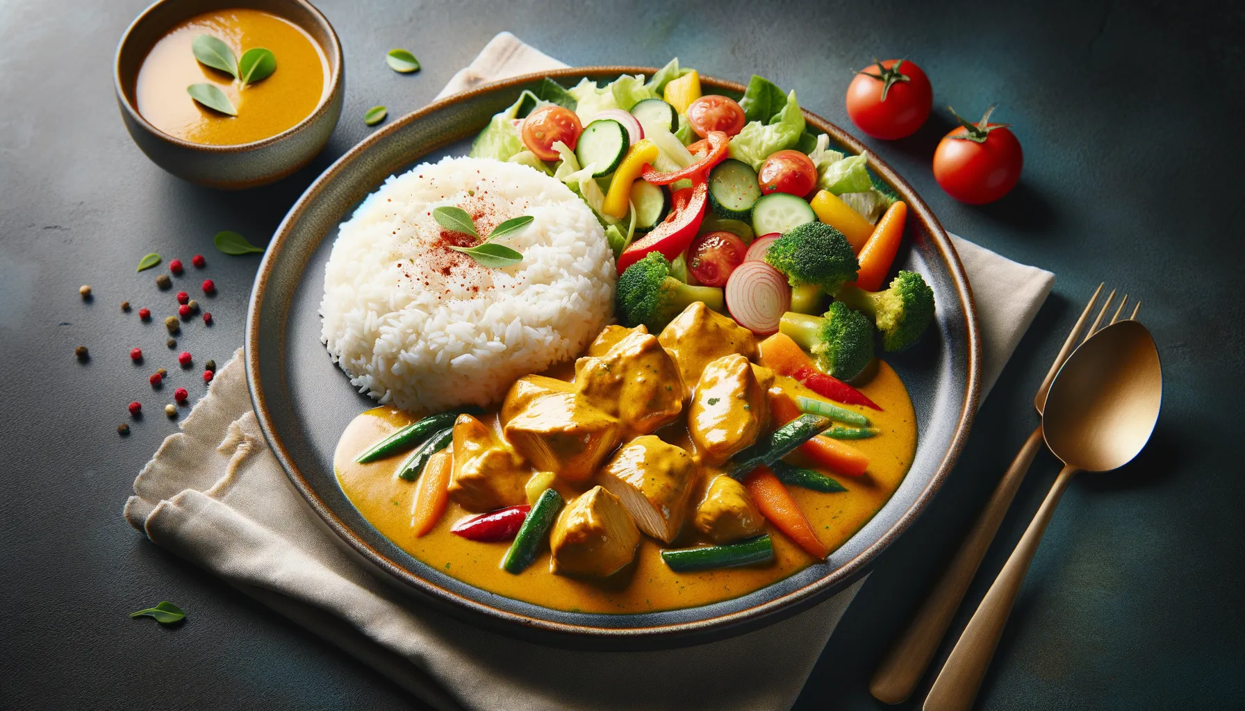 Bild på Kyckling i currysås, ris, varm grönsak, råkost