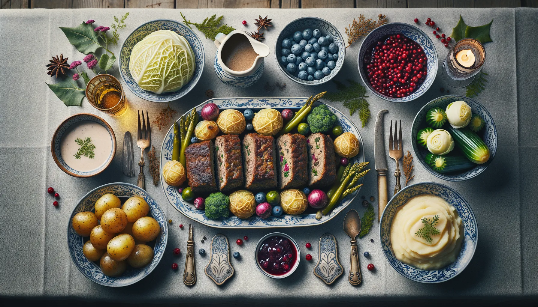 Bild på Kalvfärslimpa alternativt kålpudding, sås, potatis, rårörda lingon, råkost