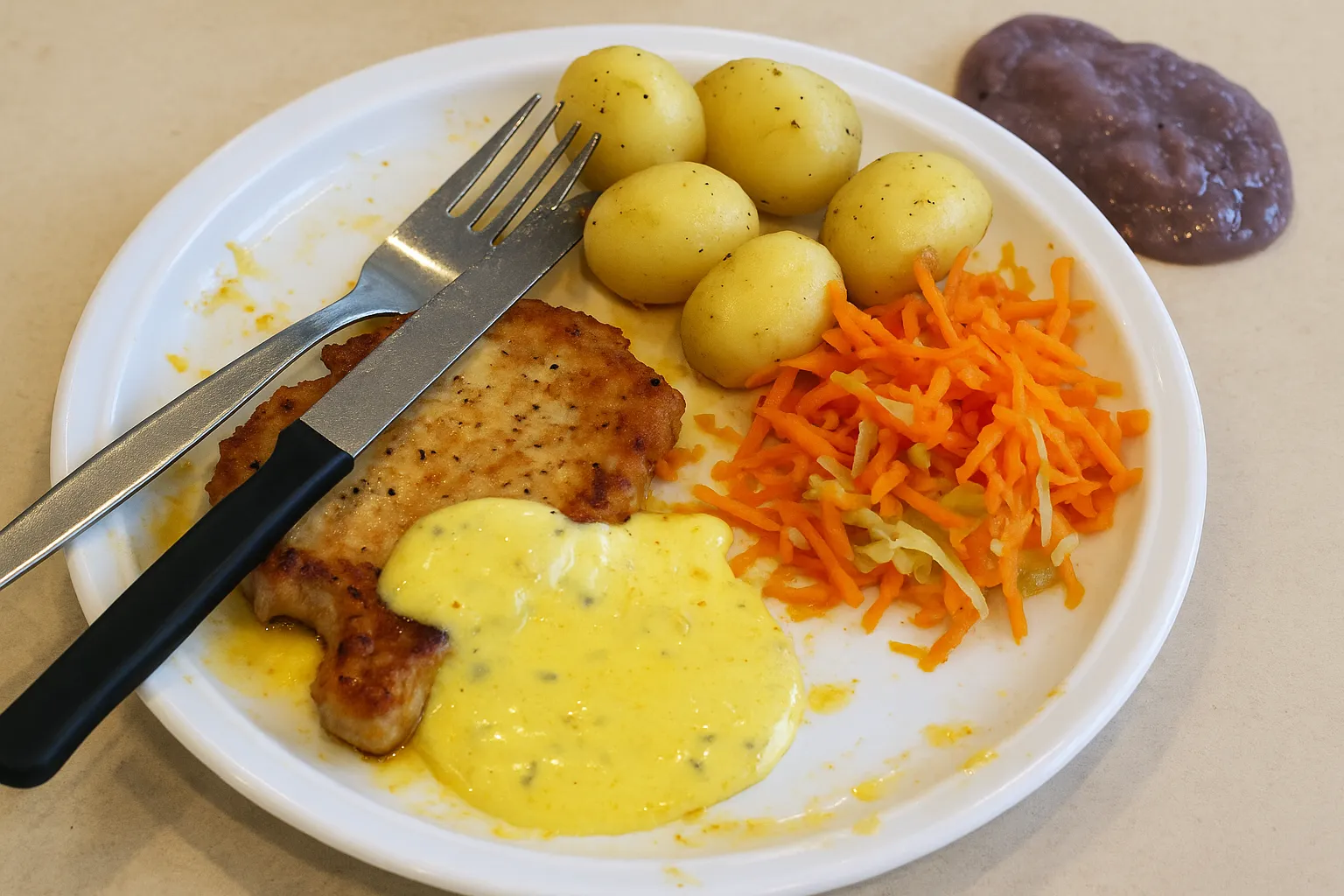 Bild på Fläskkotlettrad, bearnaisesås, potatis, råkost